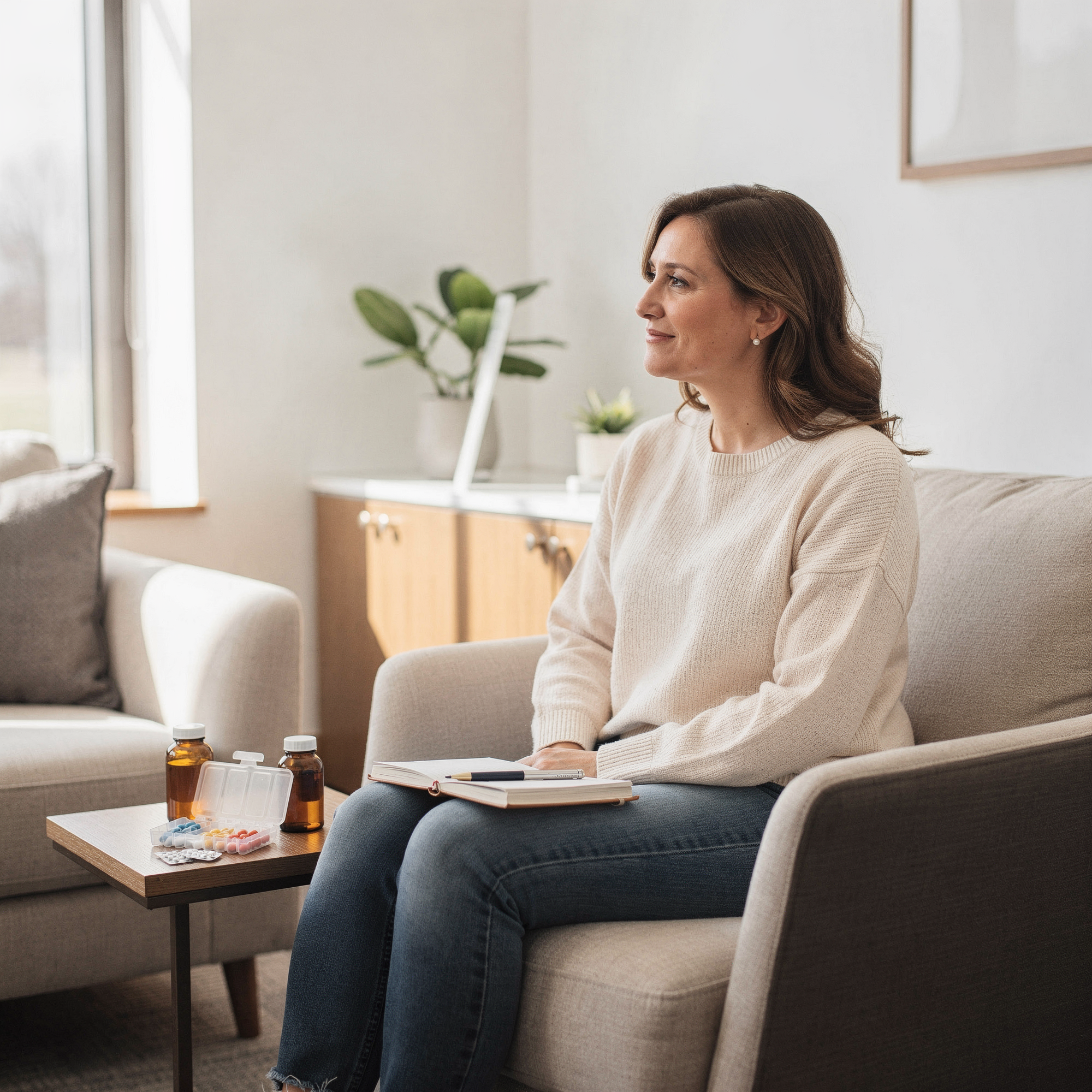 Woman sitting on a couch reviewing medication bottles and pills on a table during a consultation